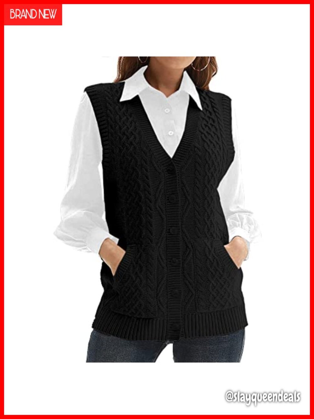 Womens Knit Sweater Vest V Neck Sleeveless Button Down Cardigan with Pockets